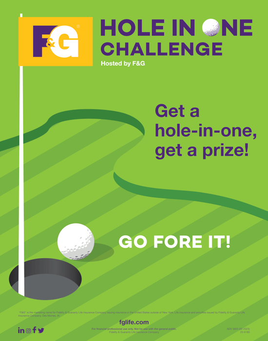 flyer titled 'Hole in One Challenge' on a green background with a golf ball about to land in a hole